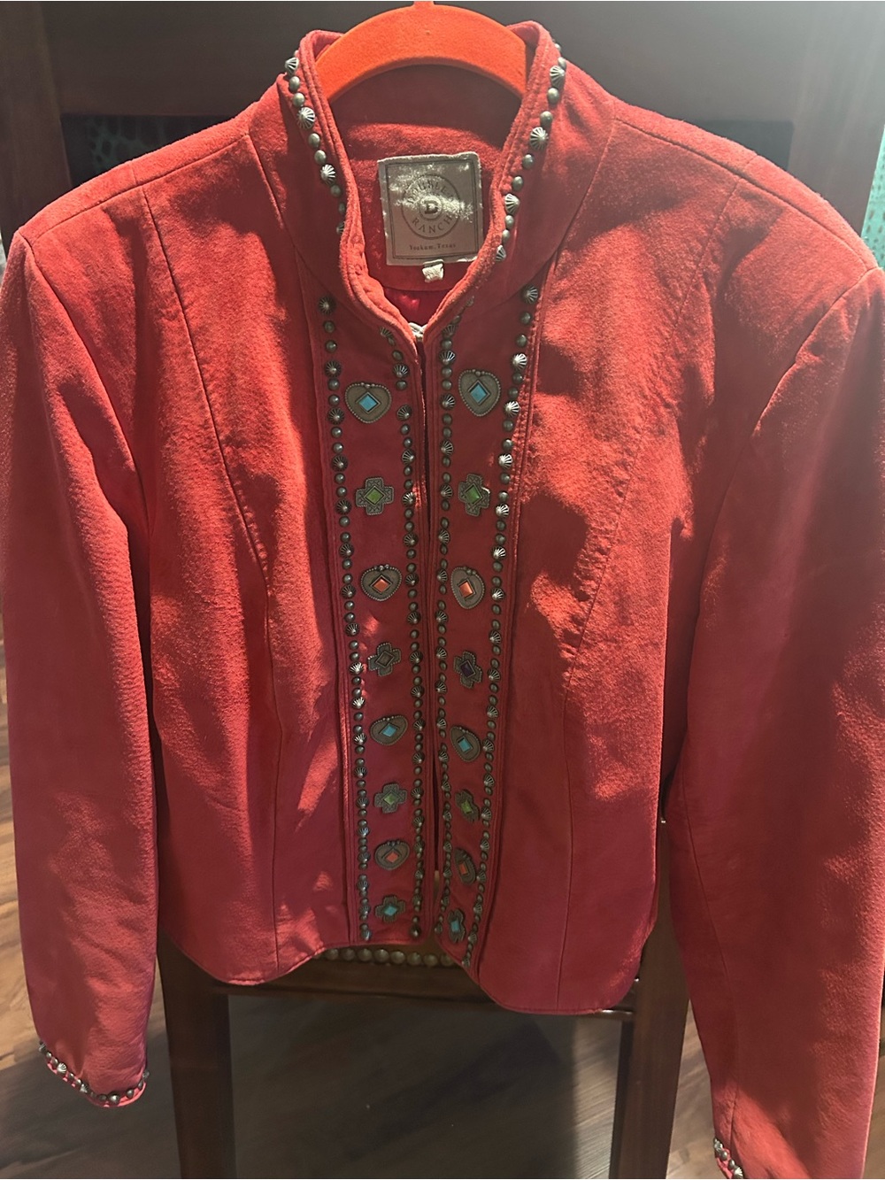 Double D Ranch Coral Red Beaded Leather Jacket
